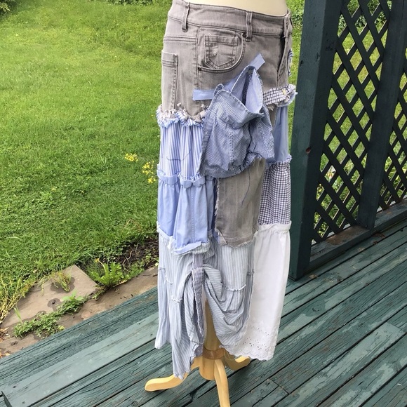 Boho up-cycled tiered patchwork jean mens shirts white eyelet  maxi skirt M/L - Picture 4 of 9